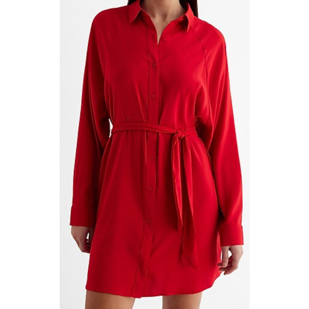 Express Portofino Red Mini Boyfriend Shirt Dress Size S Collared Tie Waist